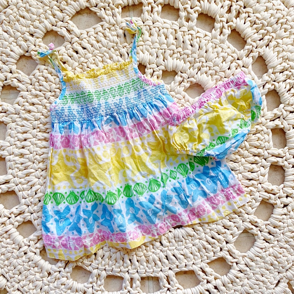 Lilly Pulitzer Sea Print Spaghetti Strap Ruched Fit Flare Dress 6-12 Months